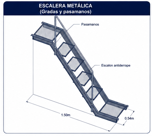 Escalera metálica con pasamanos y escalón antiderrape para andamio